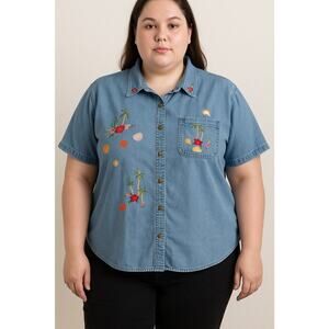 Vintage Cabin Creek Denim Shirt XL Embroidered Palm Trees Seashells Womens Y2K